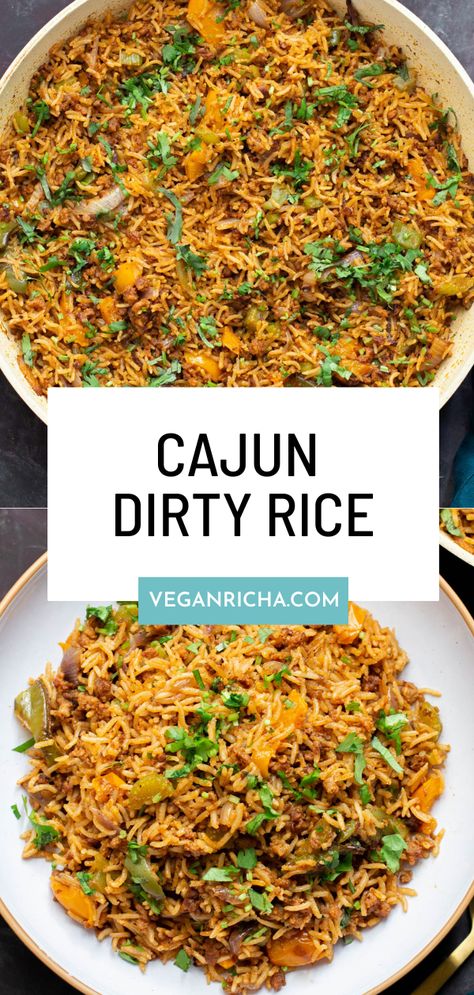 This vegan Cajun Dirty Rice is an easy one-pot dish that can be enjoyed as a main or side and can be made days in advance. Vegan Dirty Rice Recipe, Cajun Rice Recipe, Cajun Dirty Rice, Vegan Cajun, Dirty Rice Recipe, Veggie Sausage, Dirty Rice, Spiced Chickpeas, Vegan Entree