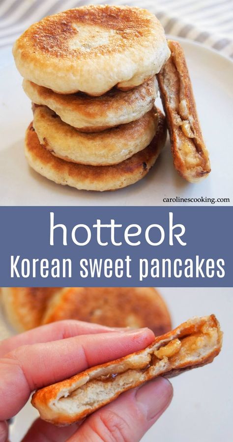 Hotteok are Korean sweet pancakes made with a yeasted dough and sweet nut filling. They're a classic street food, especially in winter, and make a delicious anytime treat. #koreanfood #pancake #filledpancake #streetfood Hotteok Recipe, Sweet Pancakes, Yummy Pancake Recipe, Korean Dessert, Korean Street Food, Asian Desserts, Global Recipes, Cooking Ingredients, Fun Baking Recipes