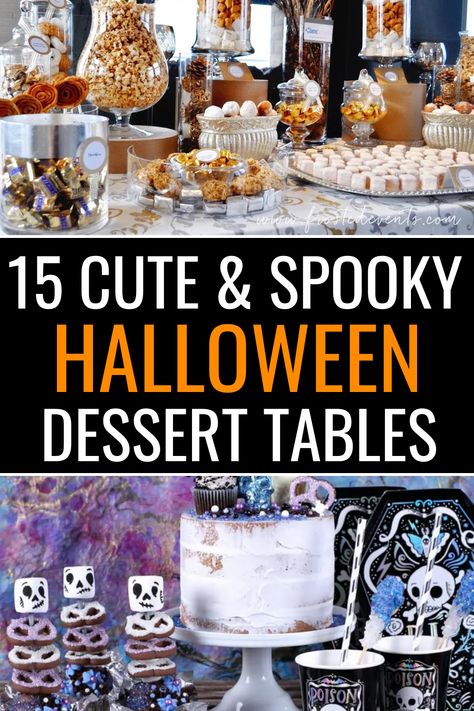 Halloween dessert table ideas Halloween Dessert Buffet Ideas, Halloween Dessert Party Ideas, Dessert Table Halloween, Halloween Treat Table Ideas, Halloween Treat Bar, Halloween Dessert Table Decor, Goth Dessert Table, Halloween Party Treat Table, Halloween Table Food Display