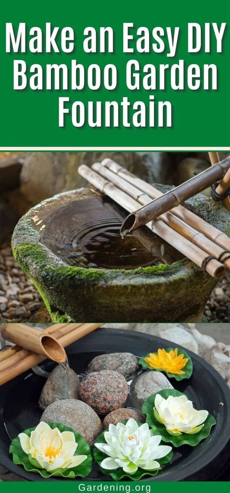 Easy Diy Water Fountain, Bamboo Water Features In The Garden, Bamboo Fountain Ideas, Bamboo Fountain Diy, Diy Bamboo Projects, Bamboo Water Fountain Diy, Bamboo Water Feature, Chinese Fountain, Diy Zen Garden Mini