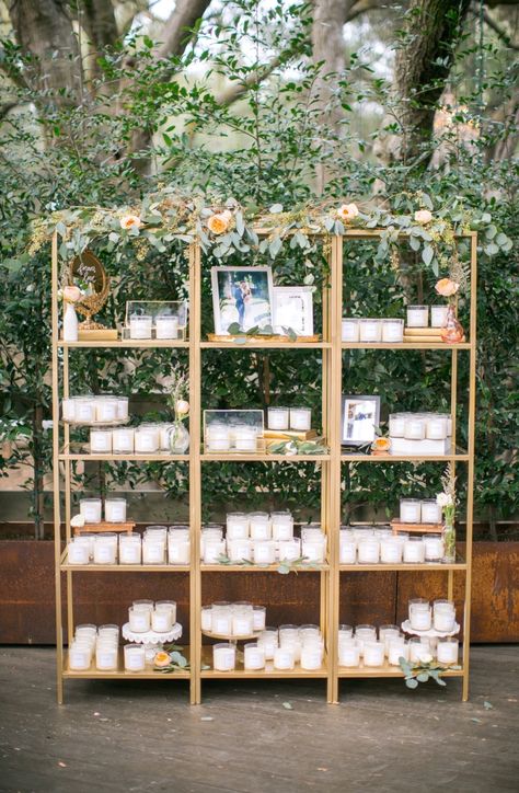 Wedding favor ideas. Gold glass shelving staged with romantic details Wedding Favors Table Display, Wedding Shelves Display, Party Favor Display, Wedding Favor Display, Bars Design, Favor Display, Souvenir Display, Glass Shelving, Wedding Favor Table