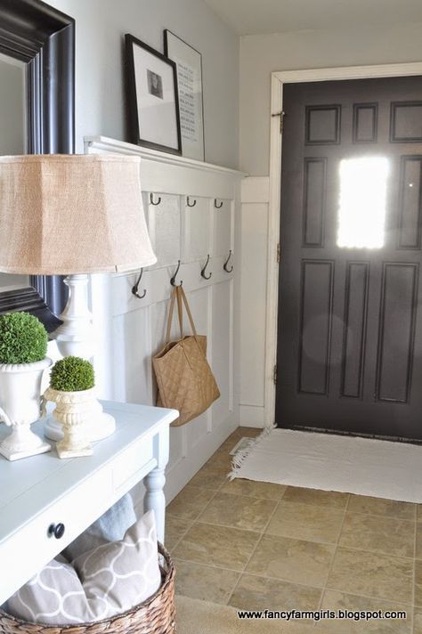 Entryway Makeover! The Power of Paint Benjamin Moore Paint Colors Gray, Light Grey Paint Colors, Landing Zone, Light Gray Paint, Yellow Cottage, Apartment Door, Foyer Decorating, Hallway Ideas Colour, Command Center