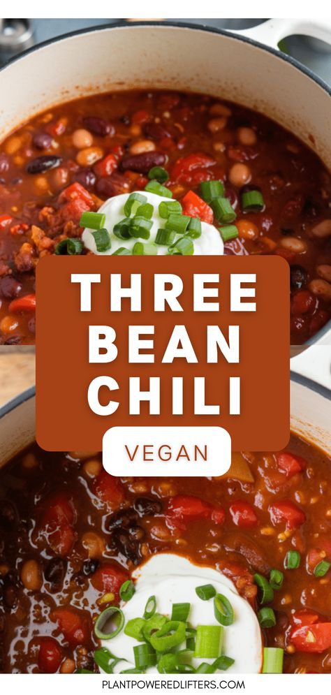 Are you looking for a delicious three-bean chili recipe? Then this is it! This vegan three-bean chili is healthy and easy to make. It can be made in a pan, crockpot, or slow cooker if that's what you prefer. It's ideal as a high-protein vegan lunch or vegan dinner recipe. Enjoy! 3 Bean Chili Recipe Crockpot, What To Make With Pinto Beans, Vegan 3 Bean Chili, Chili Recipe Vegan, 3 Bean Chili Recipe, Bean Recipes Healthy, Vegan Chili Crockpot, Three Bean Chili Recipe, 3 Bean Chili