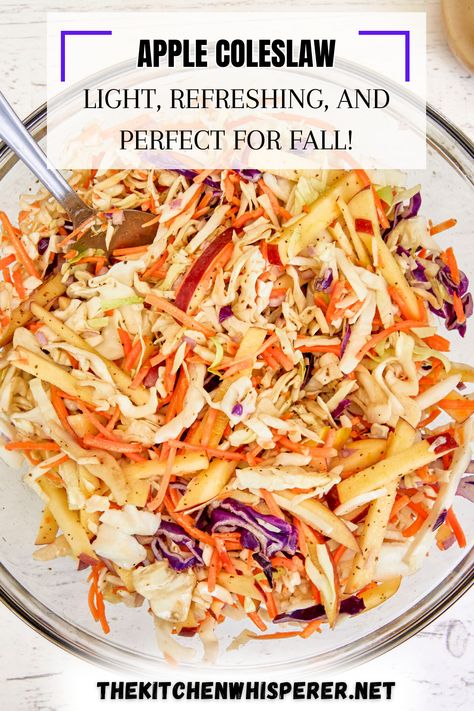 Apple Slaw For Pulled Pork, Fall Coleslaw Recipe, Fall Coleslaw, Pork Tenderloin Side Dishes, Slaw For Pulled Pork, Pork Tenderloin Sides, Salad Ideas For Lunch, Salad Cabbage, Vinegar Coleslaw