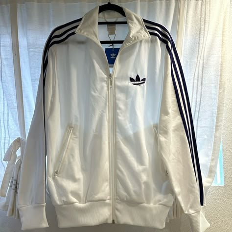 Brand New, Never Been Worn Adidas Firebird Jacket. White With Purple Stripes. Adidas Jacket Outfit, Outfit With Jacket, White Adidas Jacket, Adidas Coat, Adidas Firebird, Adidas Clothing, Adidas Originals Jacket, Jacket Adidas, White Clothes