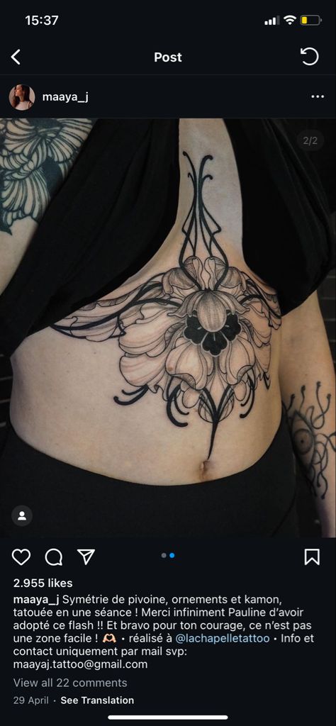 Tattoo Ideas For Plus Size Women, Black Work Chest Tattoo, Stomach Tattoos Women Plus Size, Plus Size Stomach Tattoo, Between Breast Tattoos For Women, Symmetrical Stomach Tattoo, Cleavage Tattoos, Honeysuckle Tattoo, Big Tattoos