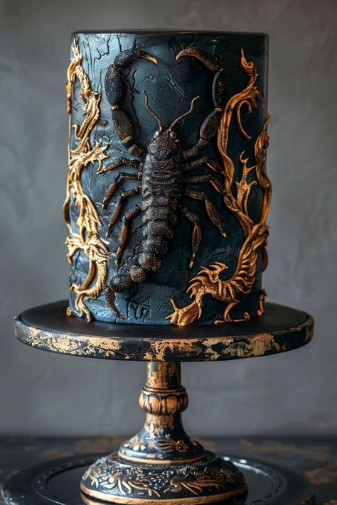 Scorpio Themed Birthday Party, Scorpio Party Theme, Scorpio Cake Ideas, Scorpion Cake, Astrology Cake, Goddess Cake, Scorpio Party, Scorpion Silhouette, Scorpio Cake