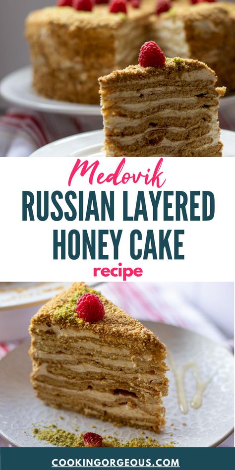 Layered cake made with 8 crispy honey cake layers sandwiched between tangy sour cream frosting. Russian Cake Recipes, Russian Honey Cake Recipe, Medovik Recipe, Dinner Ideas For Guests, Unique Cheesecake Recipes, Ukrainian Desserts, Easy Baking Recipe, Easy Chocolate Dessert, Russian Cake