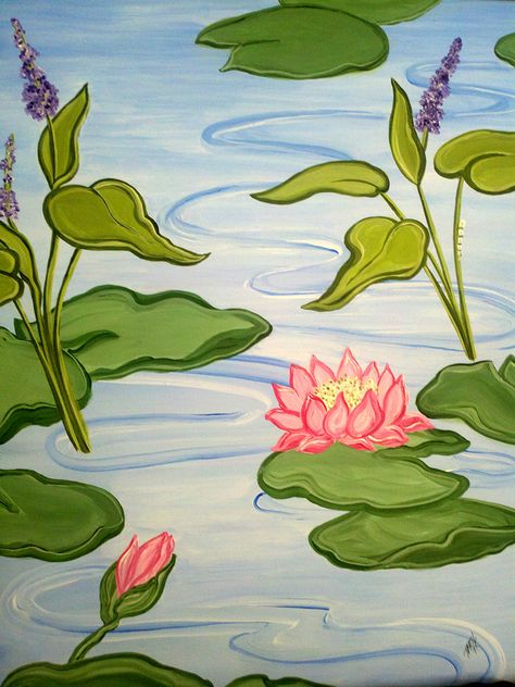 Easy Lily Painting, Easy Lily Pad Painting, How To Paint Water Lillies, Water Lily Painting Acrylic Easy, Lily Pond Painting Easy, Acrylic Lilly Pad Painting, Pond Drawing, Art Paint Party, Lotus Flower Painting