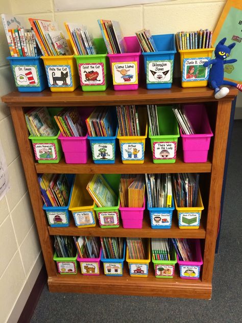 My gorgeous classroom library. Organizing Classroom Library, Book Storage Classroom, Preschool Library Center, Classroom Bookshelves, Library Cart, Art Labels, Preschool Classroom Setup, Kindergarten Library, Preschool Library