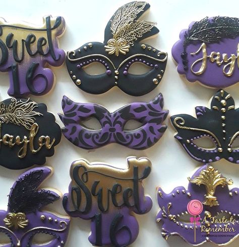 Masquerade themed Sweet 16 sugar cookies for Jayla's big day 💜🖤💜🖤 Feather mask cutter by @bobbiscookies and Sweet 16 cutter by @kaleidacuts . . . #masqueradecookies #masquerade #masqueradesweet16 #masqueradeball #masquerademask #sweet16 #sweet16cookies #maskcookies #cookies #sugarcookies #decoratedcookies #decoratedsugarcookies #customcookies #cakepop #cakepops #instacakepop #instacakepops #cakepopstagram #cakepopstampa #tampacakepops #tampaeats #tampaevents #tampabakery #tampabaker #followm Sweet 16 Sugar Cookies, Masquerade Cookies, Masquerade Party Themes, Mardi Gras Cookies, Sweet 16 Masquerade Party, Masquerade Sweet 16, Masquerade Cakes, Masquerade Decorations, New Orleans Party