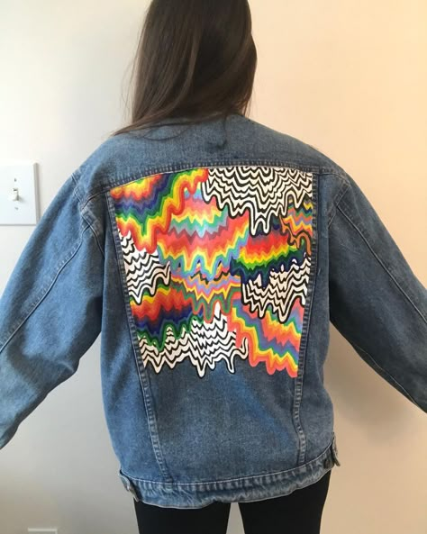 Painted watercolor denim jacket acrylic custom jean Denim Jacket Back Painting, Painted Demin Jackets, Diy Painted Denim Jacket, Denim Jacket Art Paint, Painting Jean Jacket, Custom Denim Jacket Paint, Painting Denim Jacket, Painted Denim Vest, Denim Jacket Art