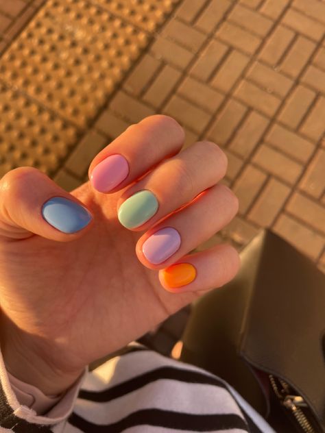 Multi Color Pastel Nails, Cute Nail Color Combos, Multicolored Nails Summer, Simple Colorful Nails, 2 Color Nails, Multi Colored Nails Summer, Multicolored Nails, Pastel Nails Designs, Hello Nails