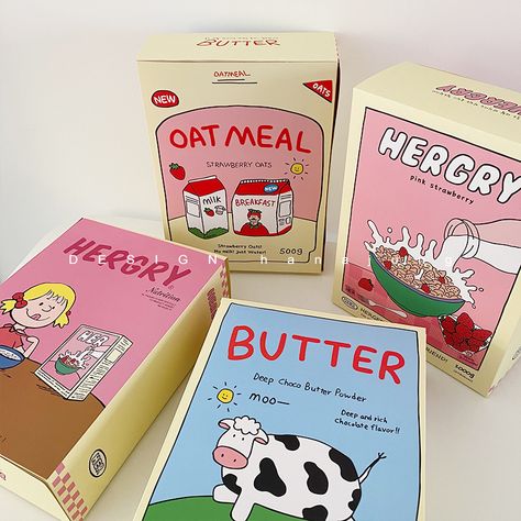 Fun Packaging Ideas, Cereal Box Ideas, Cute Food Packaging, Cereal Box Design, Kawaii Packaging, Graphic Design Packaging, Food Packaging Design, Creative Packaging Design, Creative Packaging