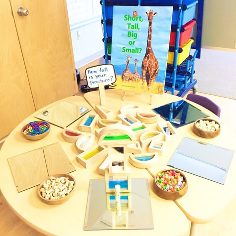 How tall is your structure? Measurement provocation using non-standard measuring devices. Provocation Ideas, Kindergarten Inquiry, Measurement Kindergarten, Numeracy Activities, Reggio Classroom, Measurement Activities, Math Measurement, 3d Figures, Loose Parts