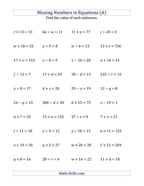 The Missing Numbers in Equations (Variables) -- All Operations (Range 1 to 20) (A) Math Worksheet from the Algebra Worksheets Page at Math-Drills.com. 10th Grade Math Worksheets, Basic Algebra Worksheets, Algebra Equations Worksheets, 10th Grade Math, 9th Grade Math, Equations Worksheets, Pre Algebra Worksheets, Basic Algebra, Solving Linear Equations