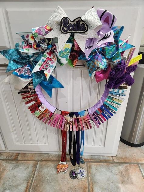 Cheer Medal Display, Cheer Ribbon Display, Cheerleading Medal Display Ideas, Cheer Ring Display, Cheer Trophy Display Ideas, Cheer Award Display Ideas, Cheer Wall Ideas, Cheer Bow Shadow Box Ideas, Cheer Bow Display Ideas