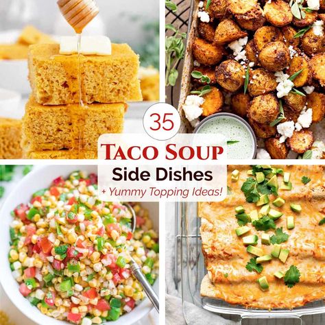 The best sides and toppings for a cozy pot of Taco Soup! Mexican rice, cornbread, homemade tortilla chips, crisp salads, and cool, sweet fruit pairings. Plus guac and salsas, too. Even dessert! Taco Soup Side Dishes, Sides For Taco Soup, Taco Soup Sides, Taco Soup Sides Dishes, What To Serve With Taco Soup, Side For Tacos, Sides With Tacos, Mexican Tortilla Soup, Taco Side Dishes