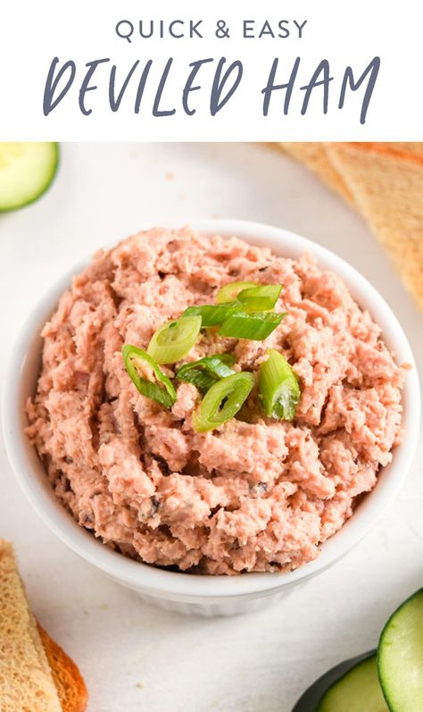 A creamy, savory dip or spread that comes together in under 5 minutes! This deviled ham is the perfect recipe to throw together for friends and family or in preparation for a busy week ahead. Flakes Of Ham Recipes, Potted Meat Spread Recipes, Devilled Ham, Tiny Meals, Ham Spread, Snack Meals, Ham Ideas, Deviled Ham, Ham Salad Sandwich