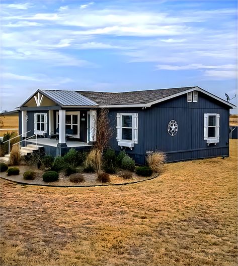 Deck On Double Wide, Exterior Mobile Home Ideas, Modular Porch Ideas, Exterior Farmhouse Remodel, Curb Appeal For Mobile Homes, Trailer Siding Ideas Mobile Homes, Single Wide Exterior Paint Ideas, Mobile Home Extension Ideas, Porch For Manufactured Home