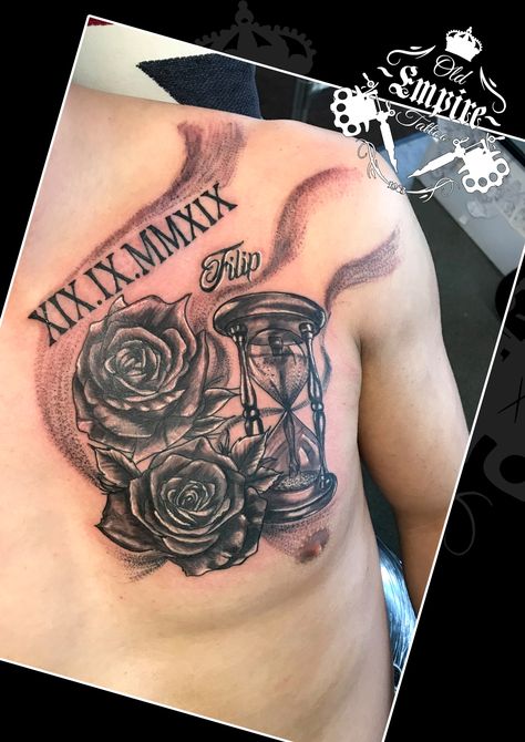 Did this #ChestPiece with an #HourGlass, #Roses and #RomanNumerals. Client sat great for this #Tattoo, a typically sensitive area - and their #FirstTattoo! #ScriptTattoo #RomanNumeralsTattoo #RoseTattoo #SandTimer #HourGlassTattoo #Smoke #Shading #ChestTattoo #MensTattoo #InkedLife #OldEmpireTattoo #OET #LittleHulton #Walkden Hourglass Chest Tattoo Men, Time Heals Everything Tattoo, Hourglass Chest Tattoo, Hourglass Tattoo Men, Everything Tattoo, Time Heals Everything, Empire Tattoo, Hourglass Tattoo, Chest Piece Tattoos