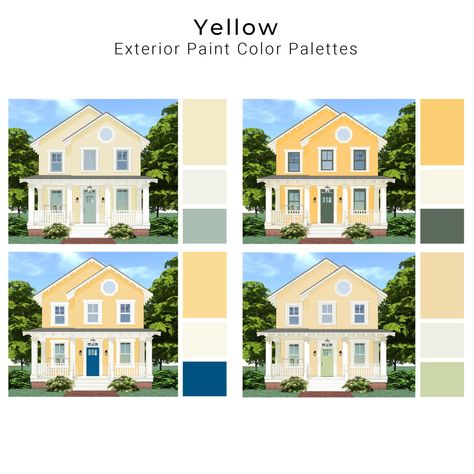 Yellow - 4 Pre-Made Exterior Paint Color Schemes This listing is for four yellow pre-made exterior paint color schemes (colors range from soft butter yellow to a bolder marigold color). The color schemes shown on the listing rendering (cover) are the palettes you will receive but with the paint color details (name and color number) shown upon purchase.   Each color scheme option shows the equivalent color names and numbers for the following paint manufacturers: *Sherwin Williams  *Benjamin Moore Yellow Exterior Paint, Yellow House Exterior, Exterior Paint Color Schemes, Yellow Exterior, Exterior Color Palette, House Paint Color Combination, House Exterior Paint, Exterior House Color, House Color Palettes