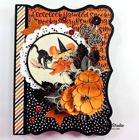 Shaped Halloween Mini Album Dollar Tree Gift Bags, Halloween Mini Albums, Twine Flowers, Dollar Tree Gifts, Fall Greeting Cards, Boho Halloween, Album Scrapbook, Tree Gift, Halloween Theme