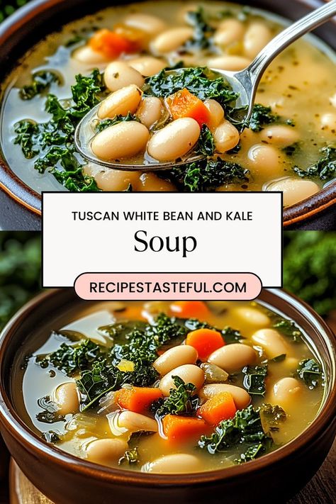 This hearty Tuscan White Bean and Kale Soup is a delicious and nutritious dish packed with flavor. Perfect for a comforting meal, it's filled with fresh vegetables and creamy white beans, making it a wholesome option for any day. Kale Vegetable Soup, Bean Kale Soup, Creative Cookery, Kale And Bean Soup, White Bean And Kale Soup, White Bean Kale, Bean And Kale Soup, White Bean And Kale, White Bean Kale Soup