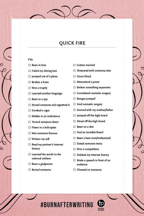 Burn After Writing Prompts, Burn After Writing Pages, Burn After Writing Questions, Burn Journal, Burn After Writing, All About Me Worksheet, Bored Jar, Learn Another Language, Thought Experiment