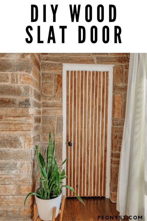 Update flat panel door Wooden Slat Door, Diy Slat Door, Slat Door Diy, Boho Condo, Panel Door Makeover, Hollow Door Makeover, Flat Panel Door Makeover, Wood Slat Door, Slat Door