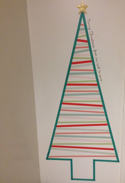 Washi Tape Christmas Tree for our dorm room! "Merry Christmas, from our nook to yours..." Washi Tape Christmas Tree Wall, Paper Christmas Tree On Wall, Apartment Decorating Christmas, Christmas Dorm Room, Washi Tape Christmas Tree, Tape Christmas Tree, Washi Tape Christmas, Christmas Dorm, Apartment Christmas