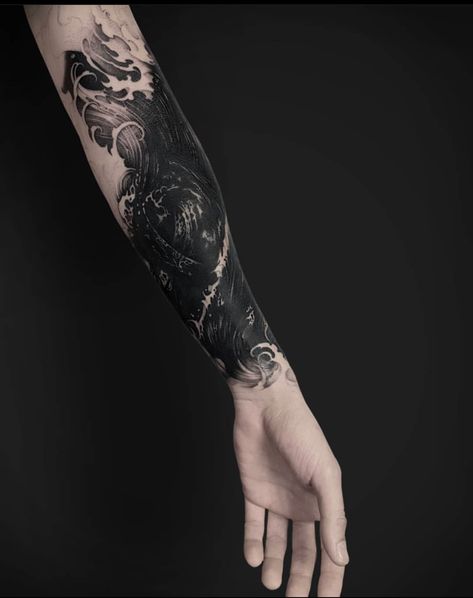 Blackwork Sleeve Tattoo, Black Work Tattoo Blackwork, Japanese Hand Tattoos, All Black Tattoos, Black Tattoo Cover Up, Framed Tattoo, Dragon Sleeve Tattoos, Blackout Tattoo, Jellyfish Tattoo