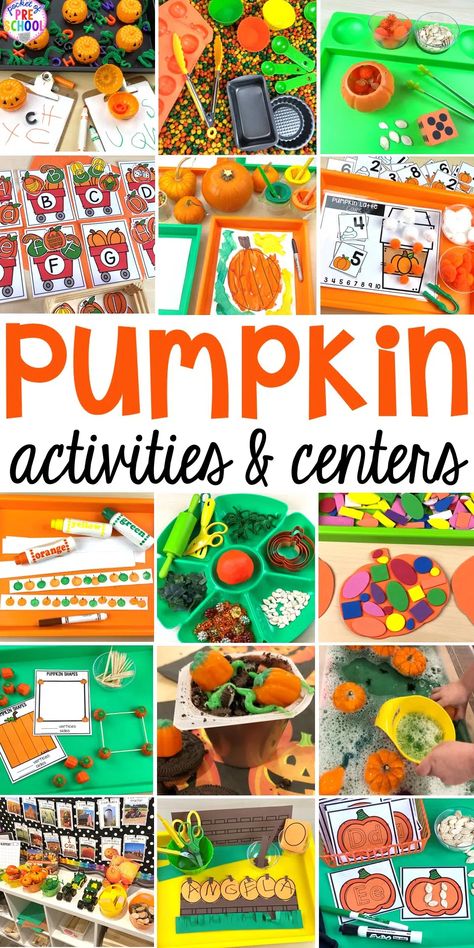 22 Pumpkin Activities for Preschool, Pre-K, & Kindergarten - Pocket of Preschool Preschool Fall Harvest Activities, Fall Block Center Preschool, Pumpkin Math Preschool, Halloween Pre K Activities, Preschool Halloween Math Activities, Preschool Fall Math Activities, Pumpkin Science Preschool, Fall Math Activities Preschool, Pumpkin Art Preschool