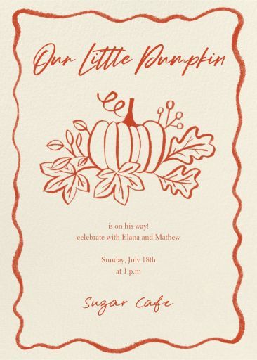 Paperless Post - Thankful Pumpkin - Baby Shower Invitation by Paperless Post Pumpkin Patch Gender Reveal Party, Fall Baby Shower Invitations, Gender Keeper, Bow Pumpkin, Side Hussle, Online Baby Shower Invites, Whimsical Baby Shower, Thankful Pumpkin, Lake Party