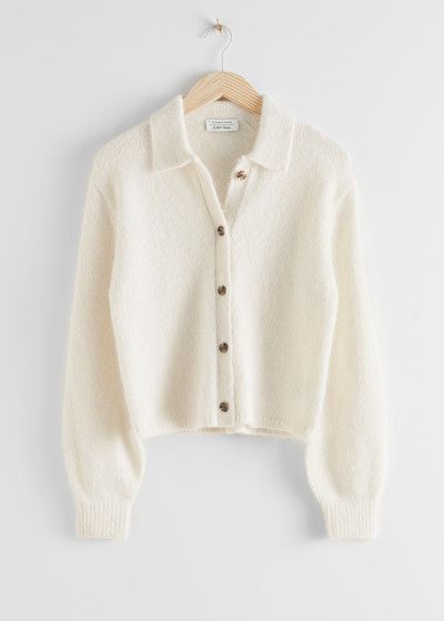 Wool Blend Tortoise Button Cardigan - White - Cardigans - & Other Stories Best Cardigans, Knitwear Trends, Puff Sleeve Cardigan, Oversize Pullover, Spring Capsule Wardrobe, Cardigan Outfits, Button Cardigan, White Cardigan, Fashion Story