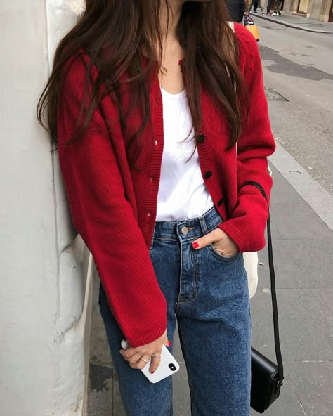 Cream Pants Work Outfit, Red Cardigan Outfit Korean, Red Cardigan Outfit Winter, Mini Dress With Cardigan, Christmas Aesthetic Outfit, Agency Aesthetic, Burgundy Cardigan Outfit, Red Cardigan Outfit, Cardigan Outfit Aesthetic