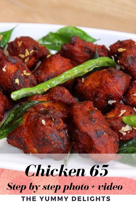 Close-up of chicken 65 served in a white plate. Garnished with curry leaves and green chilies. Chicken 65 Recipe, Chicken Appetizer, Quick Recipe Videos, Chicken 65, Curry Recipes Easy, Indian Chicken Recipes, Indian Appetizers, Chicken Appetizers, Indian Chicken