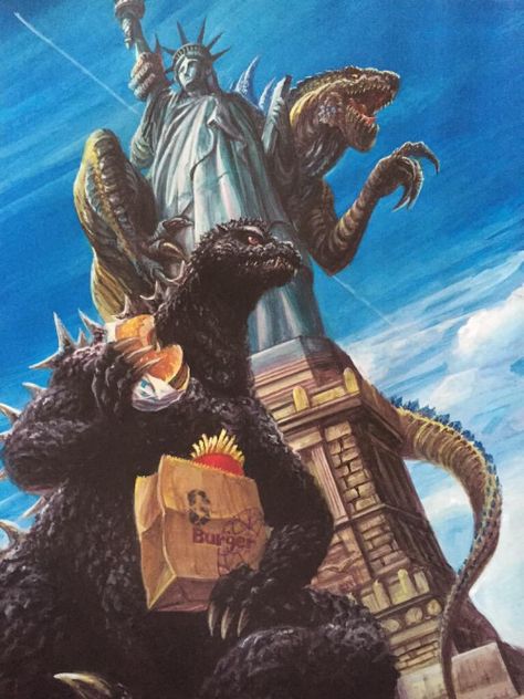 "Hey, can I have some?" "...you're still here?" "Yeah, I decided to stay...so..." "No." "Please?" "NO." Godzilla 1998, Giant Monster Movies, Godzilla Funny, Kong Godzilla, King Kong Vs Godzilla, Godzilla Comics, Godzilla 2014, Godzilla Wallpaper, All Godzilla Monsters