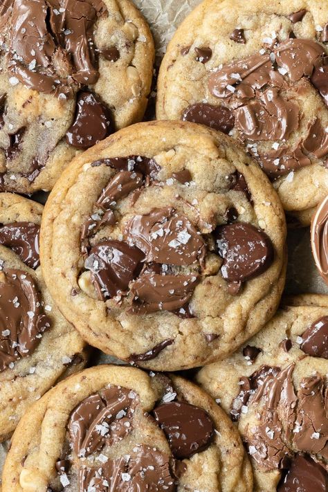 Nutella Stuffed Chocolate Chip Cookies - Fresh Bean Bakery Nutella Filled Cookies, Chocolate Nutella Cookies, Nutella Stuffed Cookies, Nutella Chocolate Chip Cookies, Nutella Biscuits, Stuffed Chocolate Chip Cookies, Nutella Cookie, Small Batch Baking, Stuffed Cookies