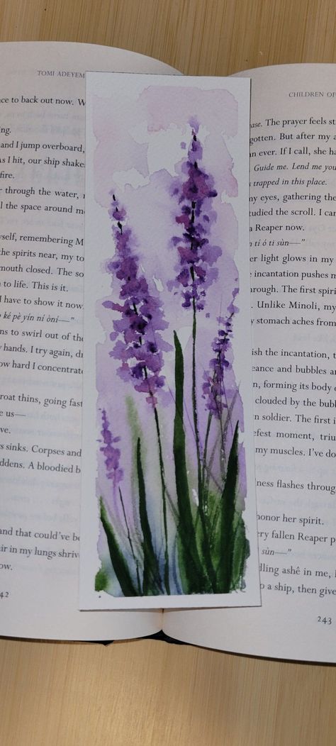 This original watercolor bookmark features four stocks of bright lavender flowers. The background is white with green and purple colored splotches. The back is blank except for initials and date in the bottom corner. Rough Dimension: 7.75" x 2.5" Don't hesitate to contact me with any questions or requests!  These one-of-a-kind bookmarks are like little pieces of art for your favorite books! Crafted with care and creativity, they make perfect gifts for book lovers or charming placeholders for you Sketch For Watercolor Drawings, Mental Health Watercolor Ideas, Bookmark Diy Watercolor, Watercolor Bible Bookmarks, Painting Book Marks, Art Bookmark Ideas, Bookmarks Painting Ideas, Painted Book Marks, Watercolor Art Bookmarks