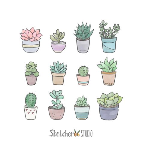 Succulents Clipart 12 Hand Drawn Digital Images With | Etsy Succulent Art Drawing, Succulent Doodle, Succulents Drawing, Succulent Painting, Doodle Frames, Succulent Art, Cute Animal Clipart, Cat Clipart, Simple Aesthetic