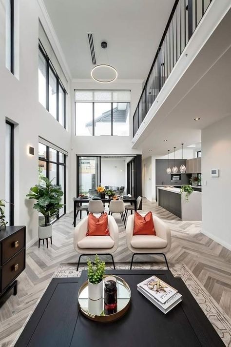 Open Plan High Ceiling, Living Room With Void Designs, Void Living Room Ideas, Double Height Apartment, High Ceiling Window Design, Industrial High Ceiling Living Room, Double Void Living Room, Double Height Living Room Floor Plan, Home With A Lot Of Windows