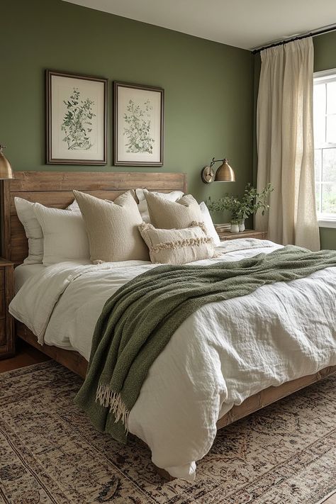 25 Olive Green Apartment Decor Trends You need to try Olive Green White Bedroom, Jade Interior Design, Olive Paint Bedroom, Beige And Green Home Decor, Mens Green Bedroom, Home Decor Green Accents, Olive Green And Orange Bedroom, Olive And Tan Bedroom, Room Decor Green Aesthetic