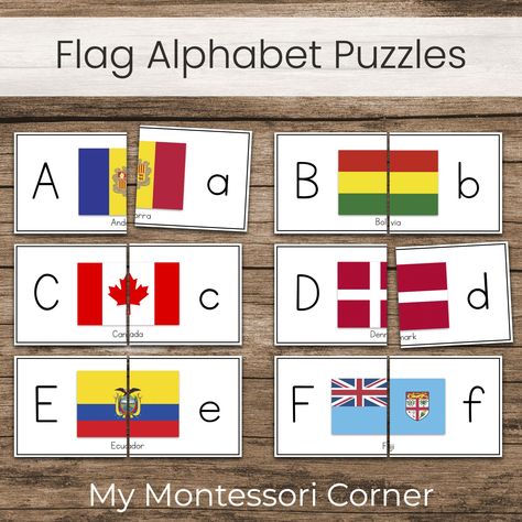 "Add some geography fun to your preschool letter work with these colorful world flag alphabet puzzles!  Each uppercase-lowercase letter matching puzzle features the image of a flag from a country beginning with that letter of the alphabet (with the exception of \"World\" for letter W and \"LuXembourg\" for letter X). The country name for each flag also appears below the image, as a convenient reference. These puzzles are great, self-correcting alphabet work and the perfect addition to a preschool geography unit.  What you will receive:  - A single PDF file (size 8.5 by 11 inches) - 9 pages of flag-themed alphabet puzzles (3 complete puzzles per page) ----------------------------------------------- You may also be interested in my Continents of the World dot marker worksheets: https://www.e Flag Activities Preschool, Preschool Around The World Theme, All Around The World Theme Preschool, Around The World Preschool Activities, Preschool Geography, Puzzle Cards, Flag Alphabet, Around The World Theme, Montessori Geography