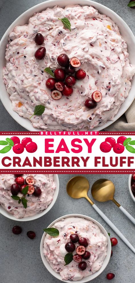 Make this easy cranberry fluff recipe! Combined with pineapple and marshmallows in a whipped cream base, this fruit fluff salad is a delicious addition to your Thanksgiving dinner menu. Variations on this Thanksgiving side dish idea included! Snowball Grinch Cookies, Cranberry Fluff Salad, Cranberry Fluff, Traditional Thanksgiving Dinner, Jello Salads, Fluff Salad, Cranberry Dessert, Light Dessert, Fluff Recipe