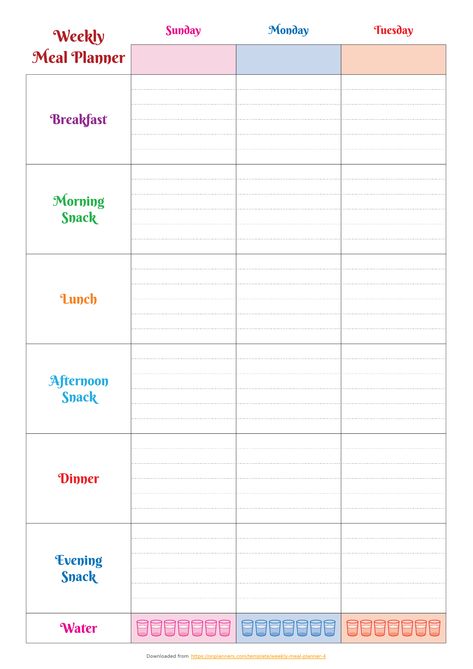 A meal plan template is a useful tool in each house, especially for big families. It helps you to plan what to cook in a simple way. This colourful template is divided into two pages for a week. You can find a big table with days of the week and all the necessary meals. It has the most complex meal list as it includes main meals and different snacks. It is a great way to keep track of your diet. It helps you to pay attention to all the calories and nutritional value of each snack you have during Weekly Meal Plan Family Printable, Meal Prep Chart Free Printable, Meal Plan Worksheet, Daily Meal Plan Template, Weekly Meal Planner Template Editable, Meal Plan Template Printable Free, Week Meal Plan Template, Daily Diet Meal Plan, Meal Plan Chart