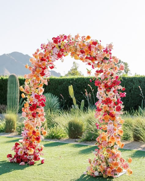 Dreaming of colorful ceremonies and ombré aisles Colorful Flower Arch, Sunset Wedding Florals, Panama Wedding, Bougainvillea Wedding, Tablescapes Party, Wedding Gate, Hood River Oregon, Moon Gate, Colorful Wedding Flowers