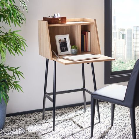 Latitude Run Pantanella Secretary Desk | Wayfair Small Office Space Decor, Desk Shelving, Modern Secretary Desk, Floating Desks, Industrial Basement, Desk For Bedroom, Minimalist Mindset, Eclectic Glam, Mid Century Modern Desk