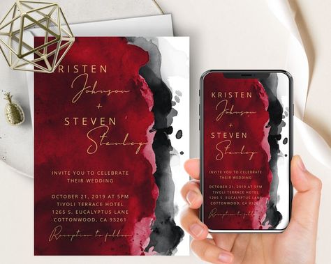 Wedding Miscellaneous, Spooky Wedding, Wedding Phone, Watercolor Menu, Text Message Invitations, Menu Wedding, Email Invitation, Black Watercolor, Apple Red