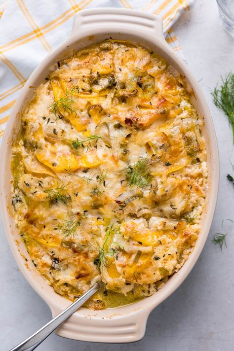 This glorious, homestyle vegetable gratin is a warm cheesy side dish that goes with anything. Layered with fennel, leeks, butternut squash and tender slices of rutabaga, it's an easy, butternut squash casserole the whole family loves. Fall Casserole, Fall Casserole Recipes, Roasted Rutabaga, Rutabaga Recipes, Vegetable Gratin, Fall Casseroles, Cheesy Vegetable, Butternut Squash Casserole, Butternut Squash Lasagna